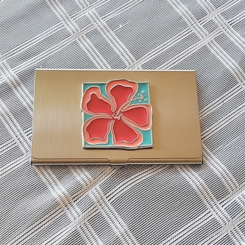 Gail Ahlers Business Card Holder with Enamel Flower Design